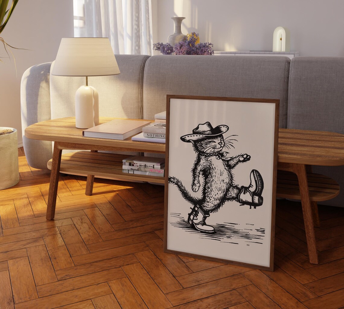 Smiling Cowboy Cat Bell Collar Dance Kick Western Sketch Poster - Image 2