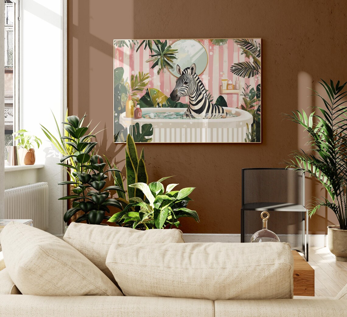 Zebra in a Bubble Bath With Pink Striped Wallpaper Tropical Poster - Image 2