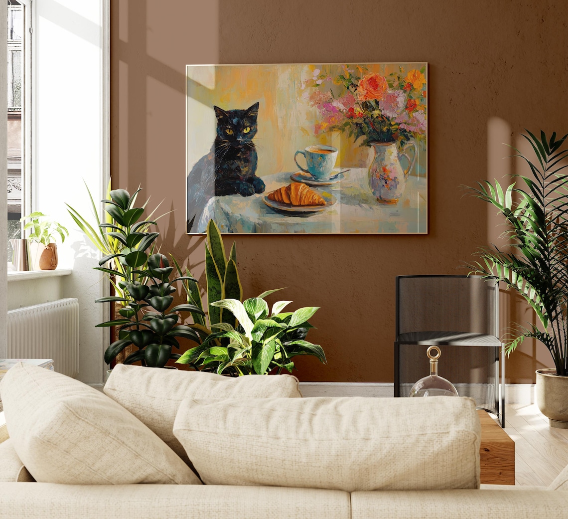 Cafe Croissant Cat Oil Painting Print, Kitchen Poster - Image 2
