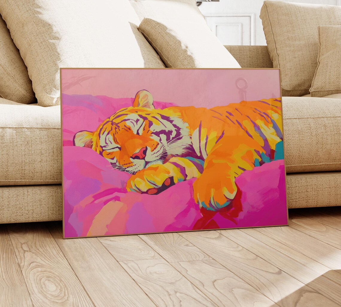 Sleeping Tiger On Pink Bed Front Paw Colorful Maximalist Poster - Image 4