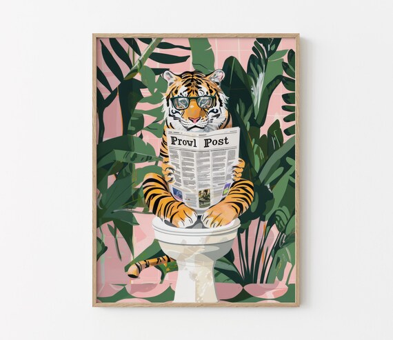 Green Glasses Tiger Reading Prowl Post On Toilet Jungle Funny Poster