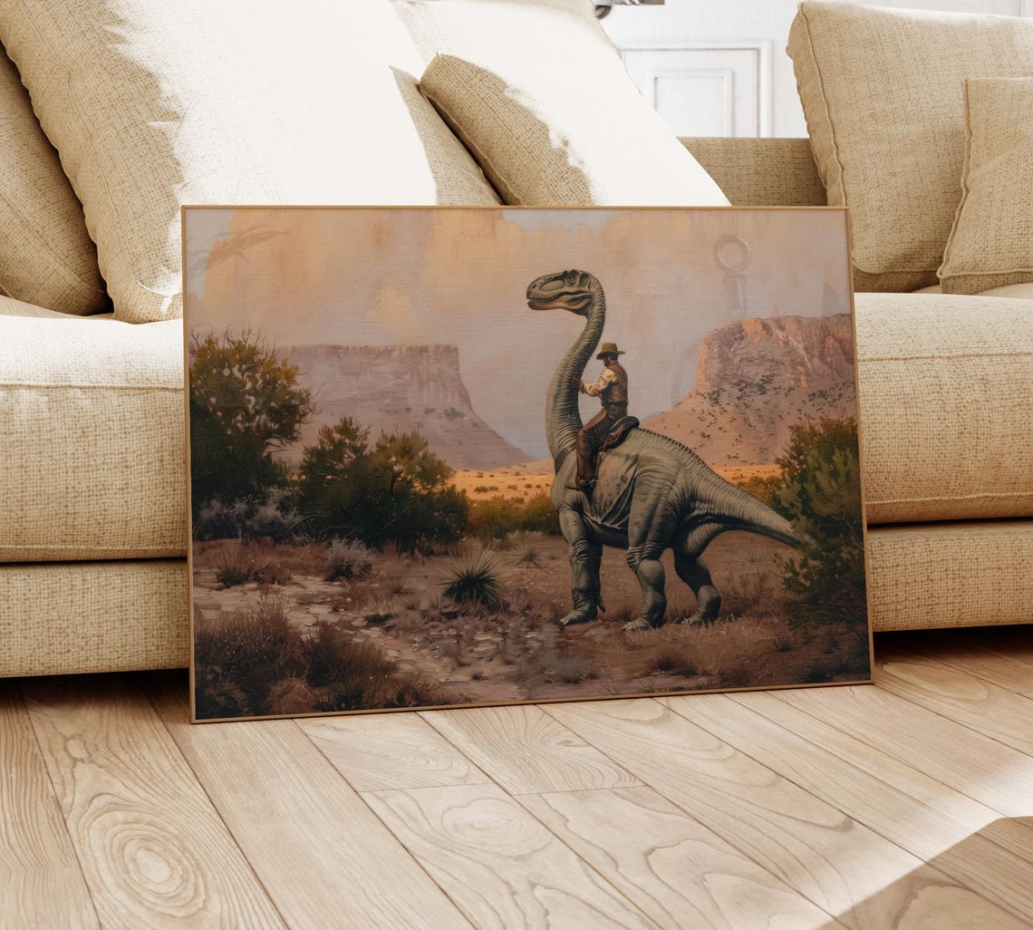 Vintage Dinosaur Cowboy Oil Painting Print Western Jurassic Dinosaur Print Gift For Him Funny Print Vdc16 - Image 4