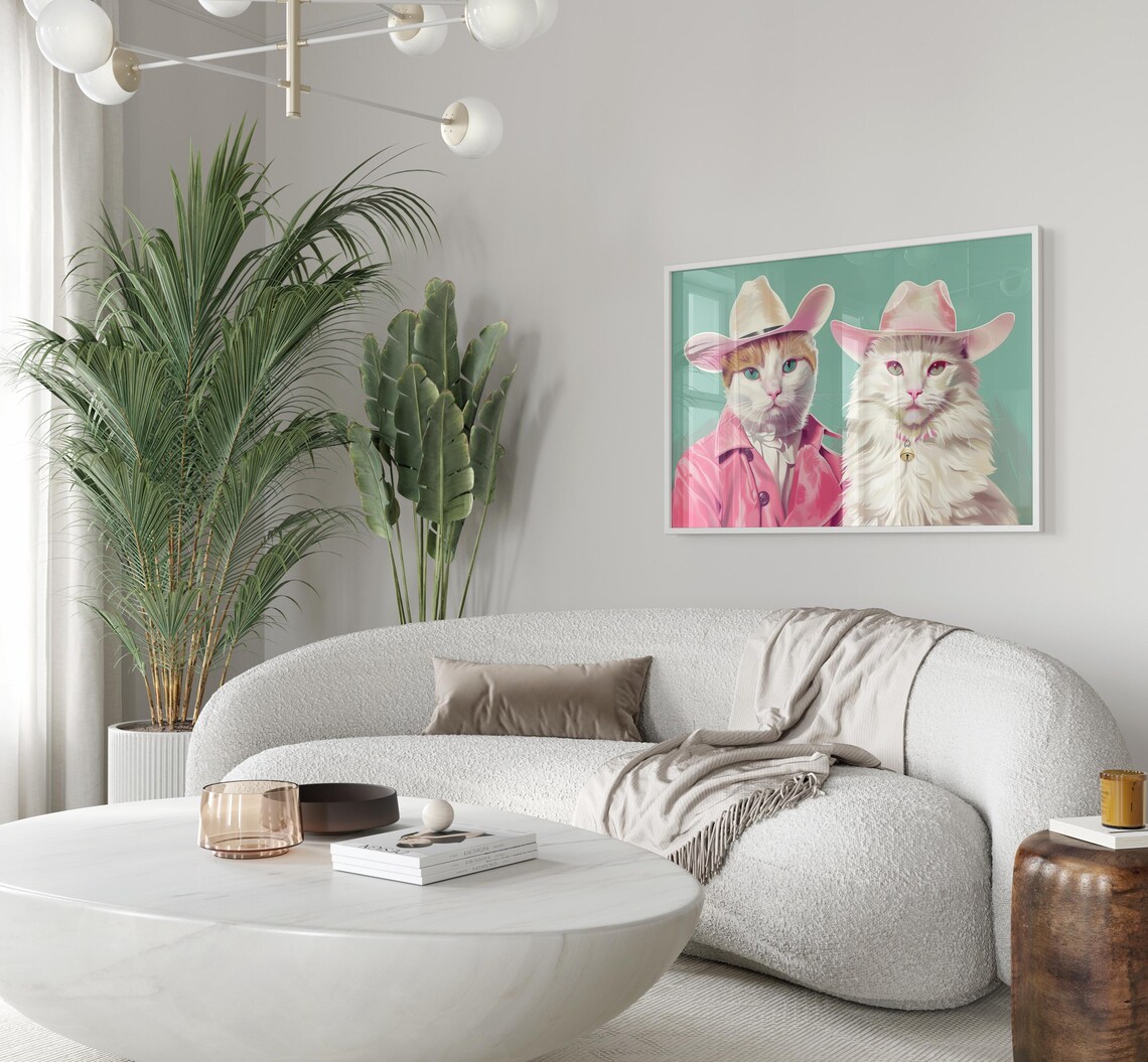 Two White Cowboy Cats in Pink Hats on Teal Background Poster - Image 3