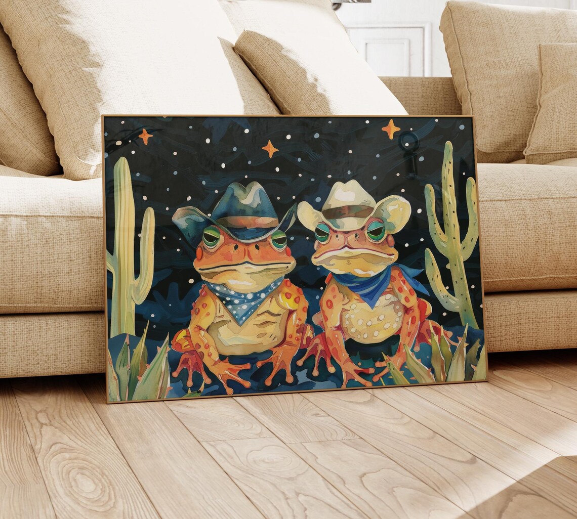 Cowboy Frogs Oil Painting Poster with Toads in Starry Desert Night - Image 4