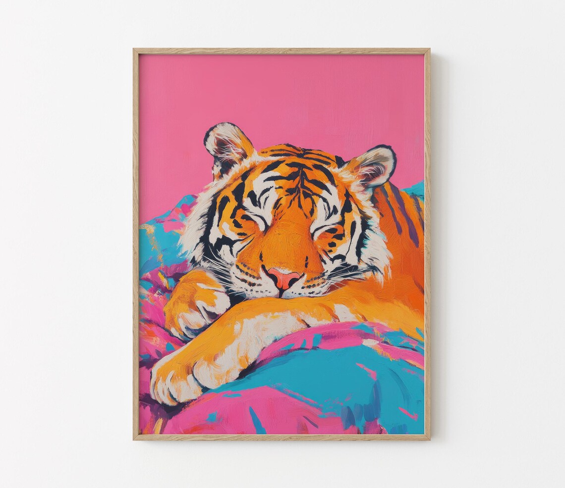 Sleeping Tiger Crossed Paws Pink Teal Blanket Maximalist Poster