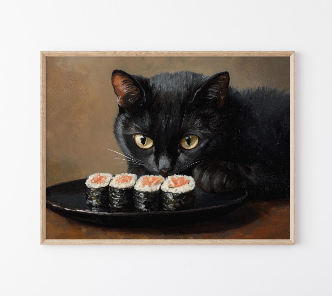 Black Cat Sushi Oil Painting Print Tokyo Art Print Oishii Cat Print Delicious Japanese Food Art Kitchen Wall Art Sushi Art Bcs5