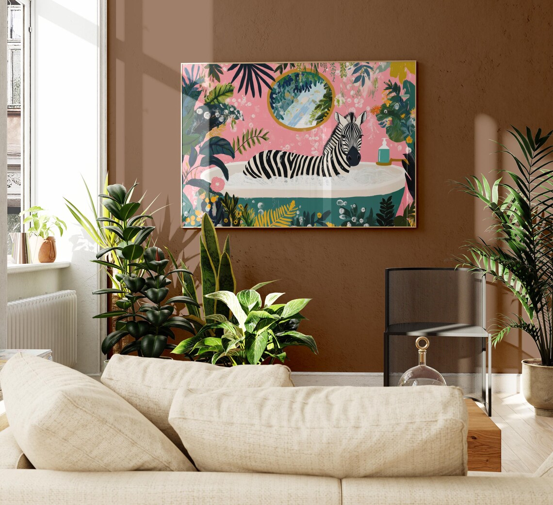 Zebra Soaking in a Teal Bathtub Pink Tropical Bathroom Poster - Image 2
