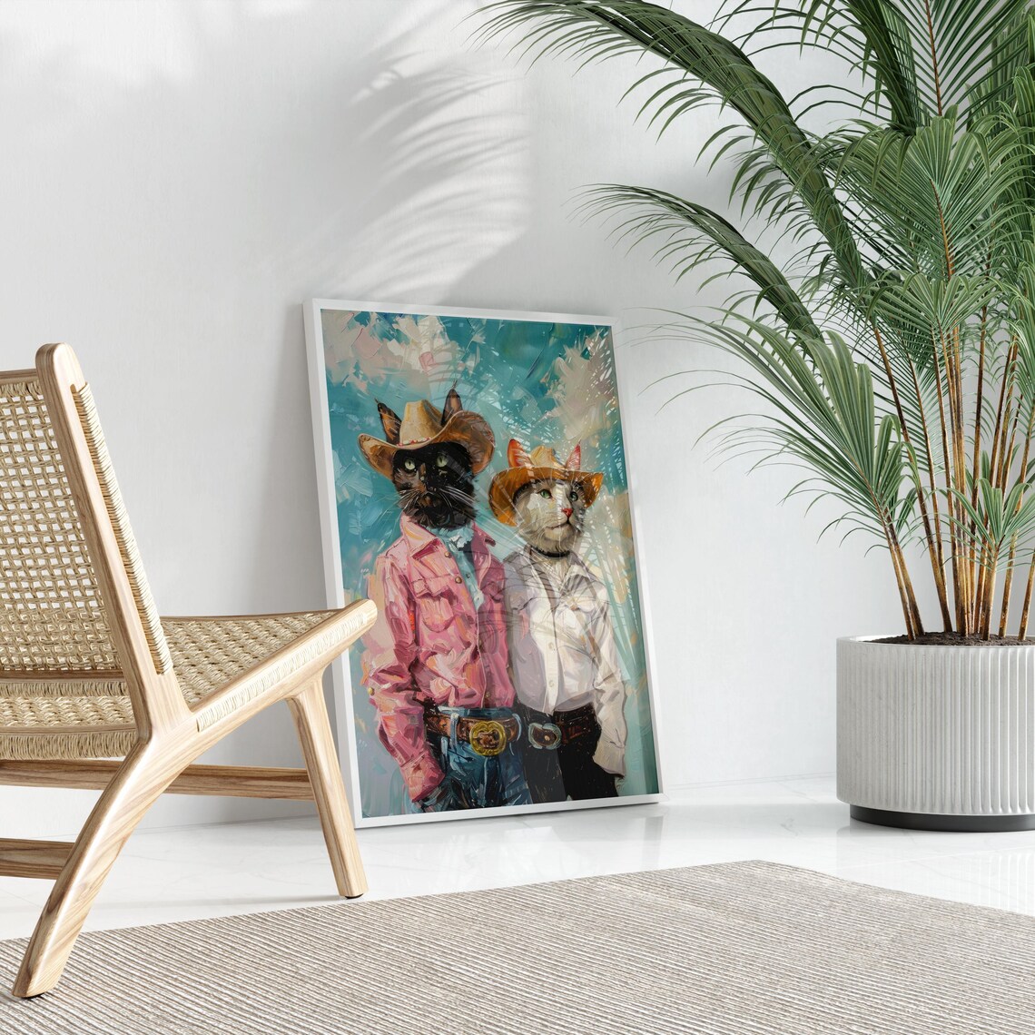 Cowboy Cats Oil Painting Poster with Black and White Cat Duo - Image 3
