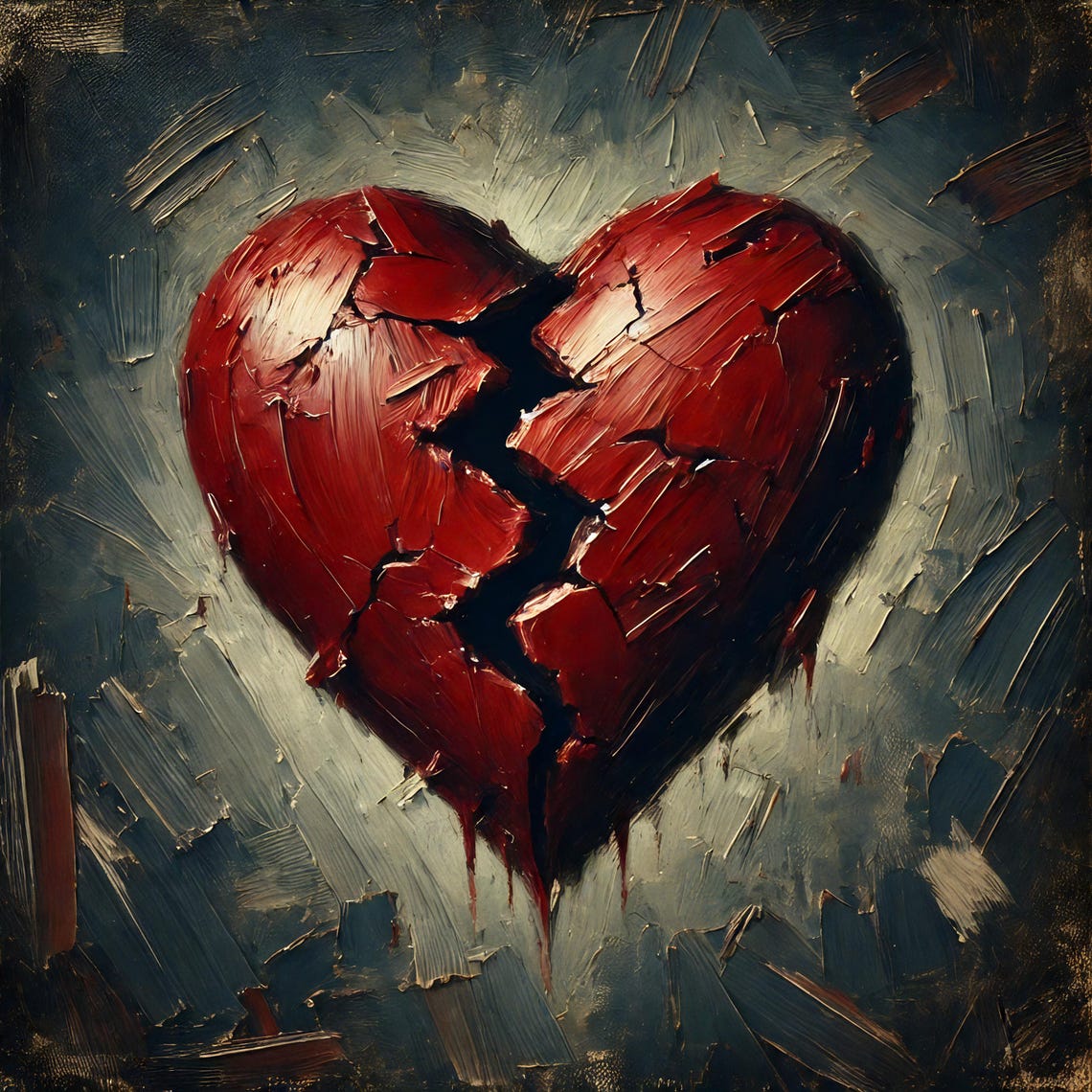 Cracked Red Broken Heart Impasto Oil Painting Emotional Wall Art
