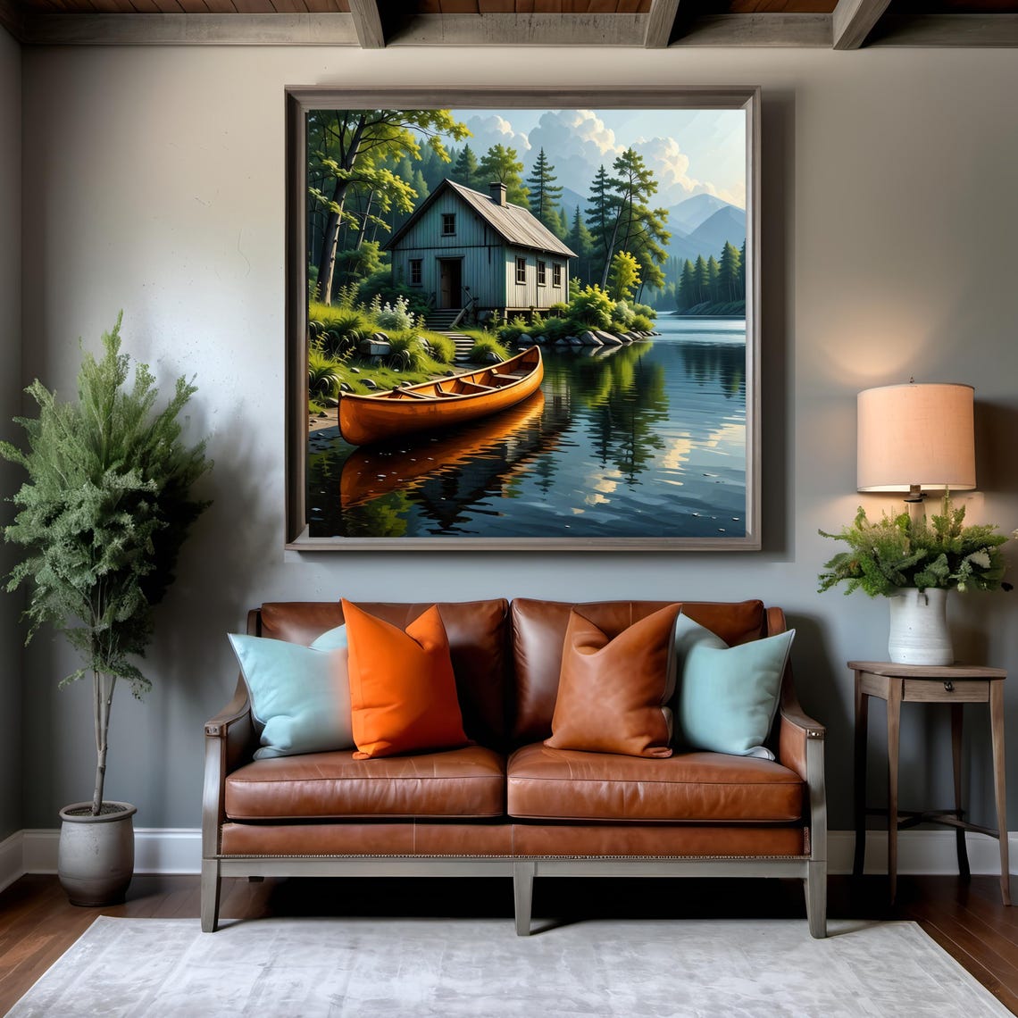 Rustic Lakeside Cabin Golden Canoe Serene Mountain Lake Art Print - Image 2