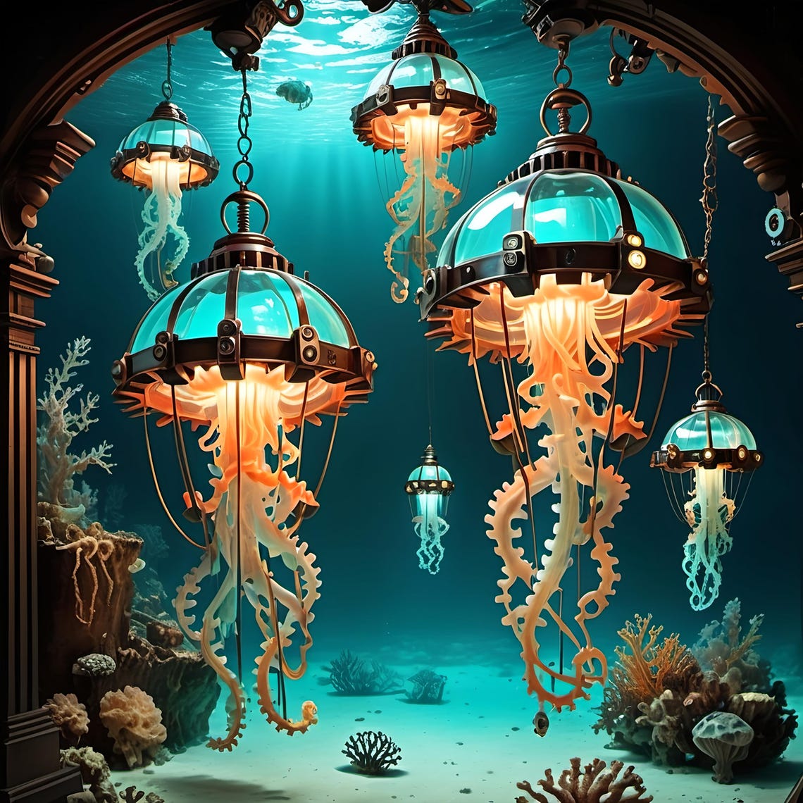 Steampunk Jellyfish Lantern Print Nautical Fantasy Wall Art Turquoise And Bronze Sci Fi Artwork For Steampunk Lover Gift Idea