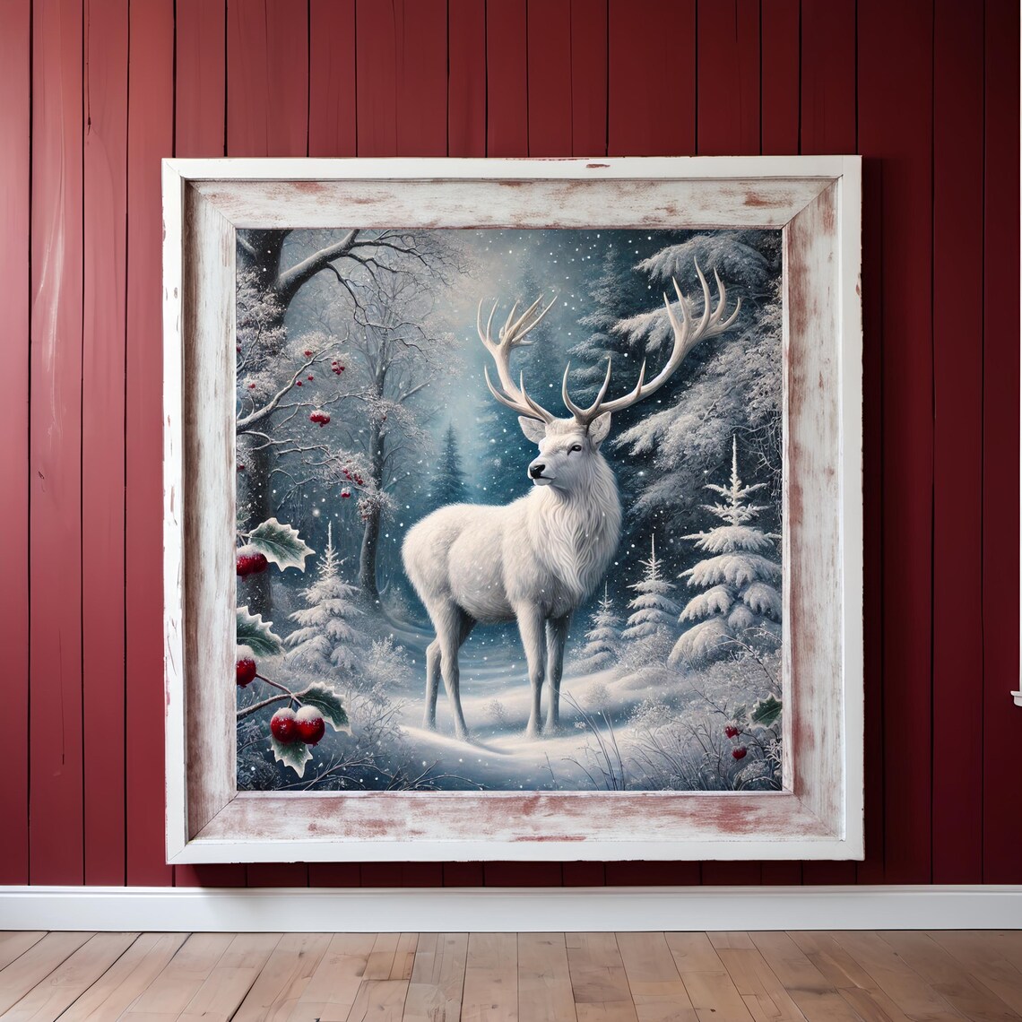 White Stag Christmas Wildlife Wall Art Print - Image 3