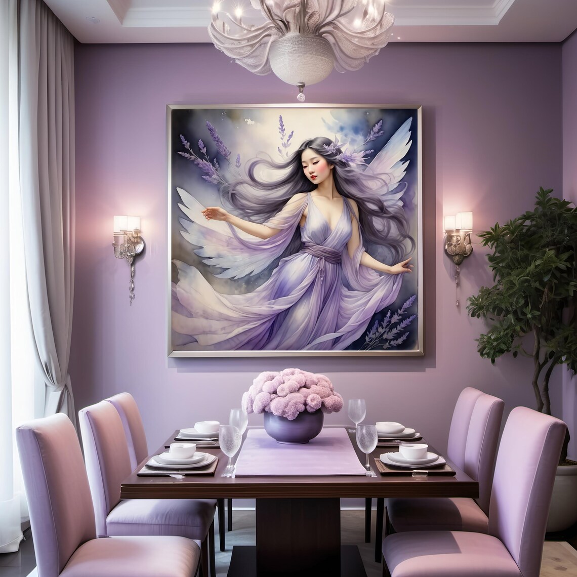 Lavender Angel Fairy Purple Wings Ethereal Watercolor Fantasy Wall Art - Image 2