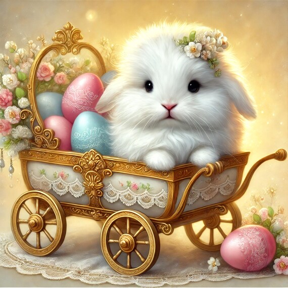 Easter Bunny Golden Carriage Pastel Eggs Flowers Whimsical Spring Poster