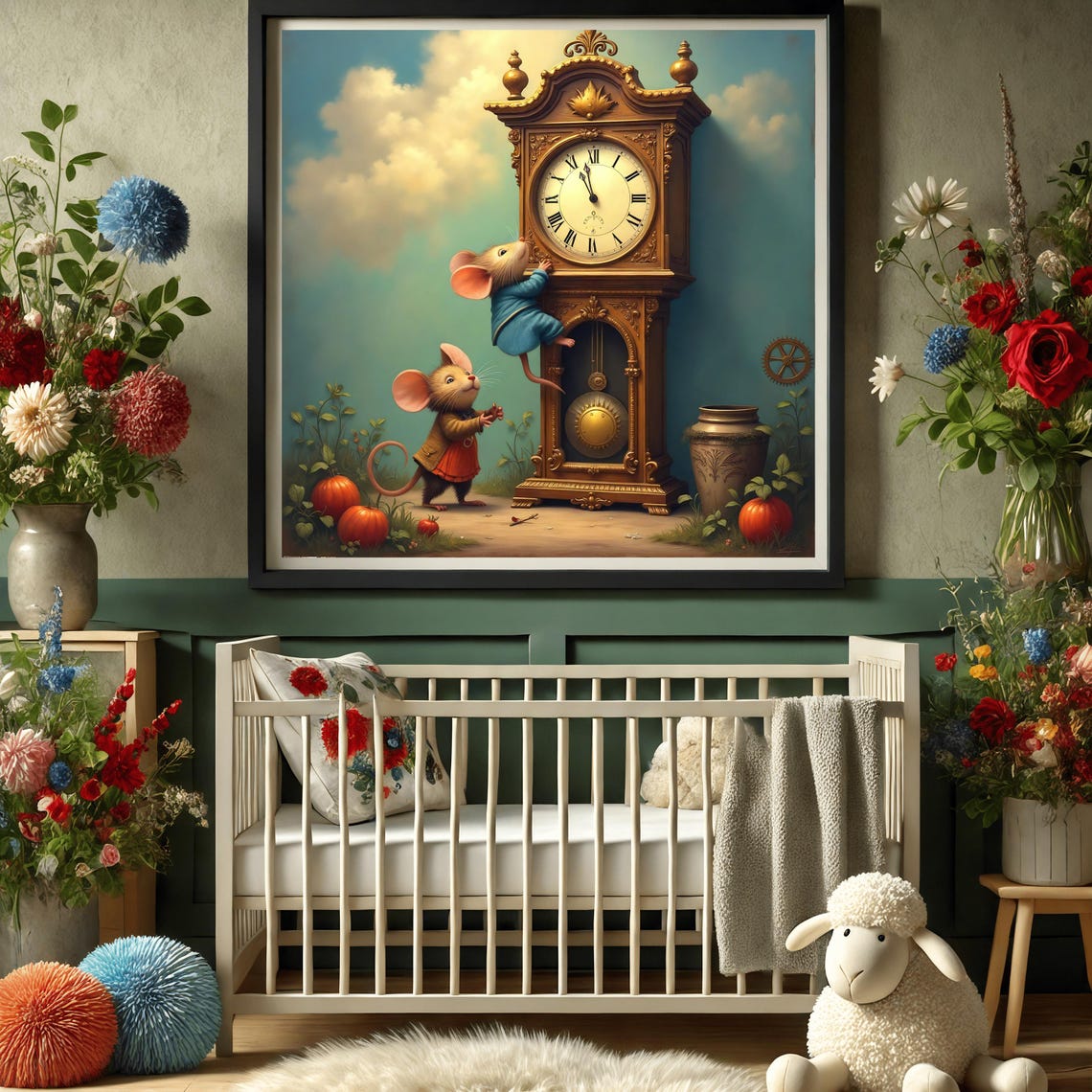 Hickory Dickory Dock Mice Climbing Grandfather Clock Nursery Poster - Image 3