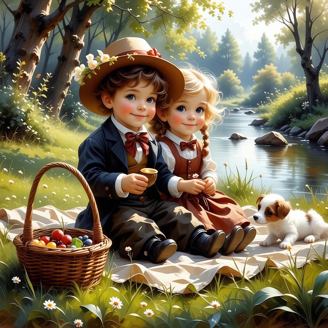 Victorian Children Riverside Picnic With Puppy Vintage Art Poster