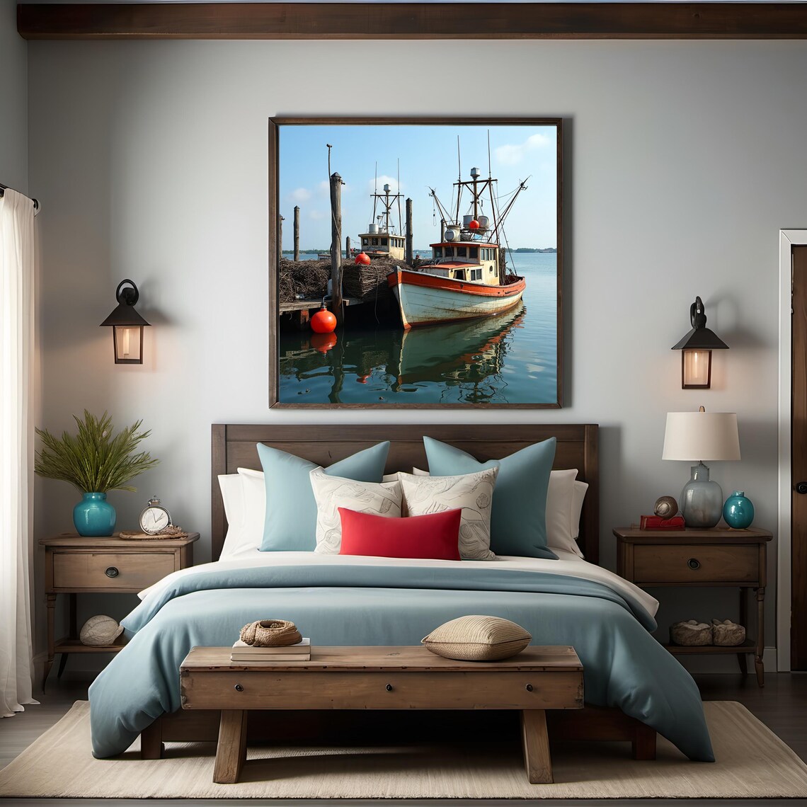 Vintage Lobster Boats by Dock, Rustic Nautical Art Print - Image 3