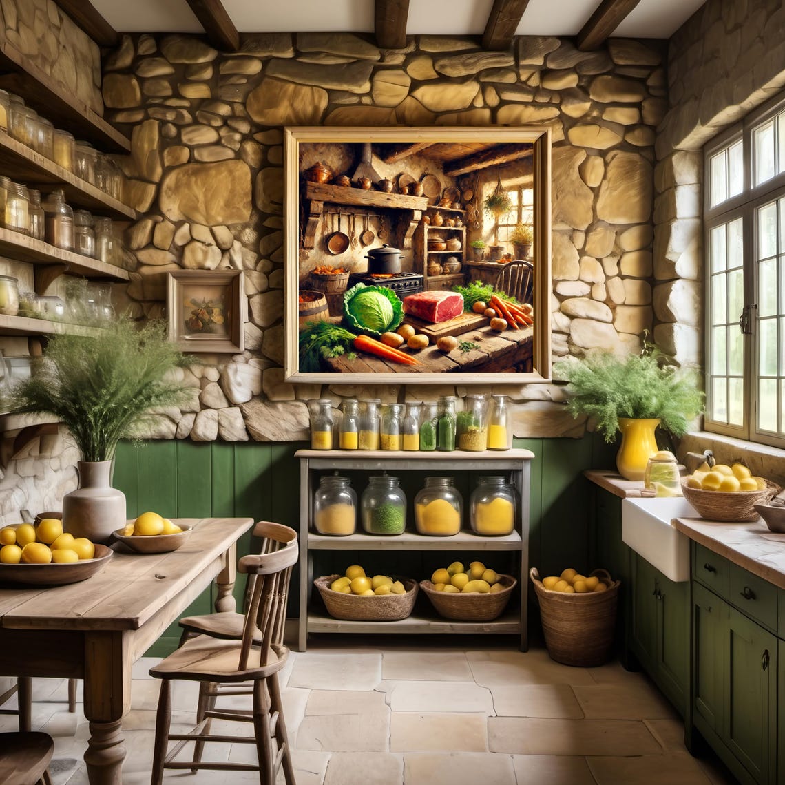 Old World Kitchen Hearth Beef Carrots Copper Pots Rustic Art Poster - Image 2