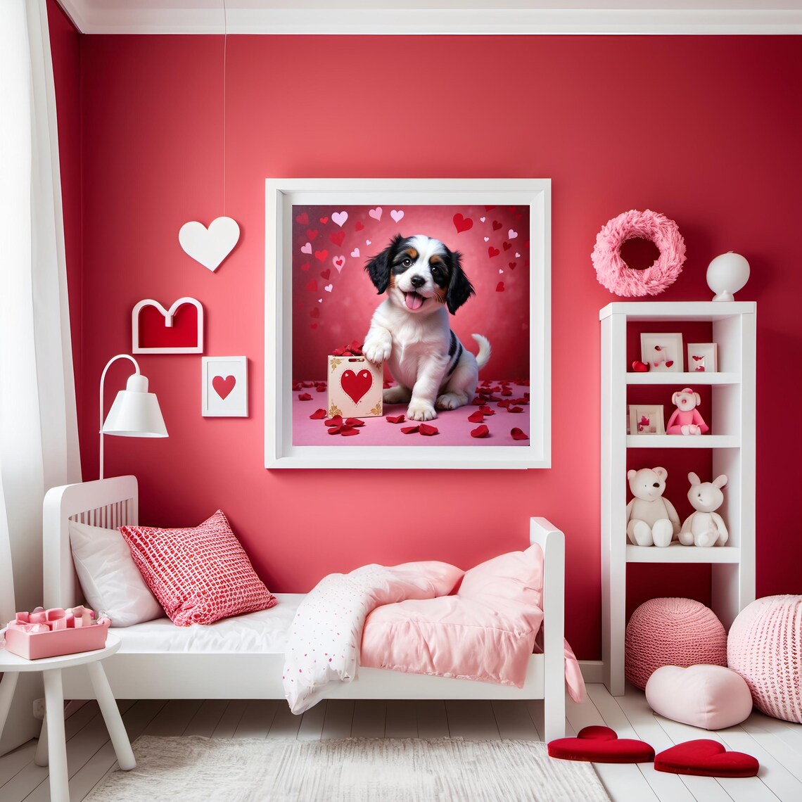 Smiling Puppy With Gift Bag Heart Rose Petals Sweet Valentines Poster - Image 2