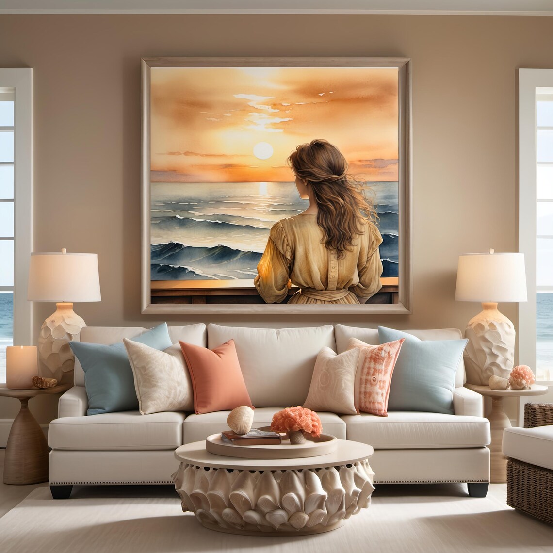 Watercolor Woman Watching Golden Ocean Sunset From Behind Art Print - Image 2