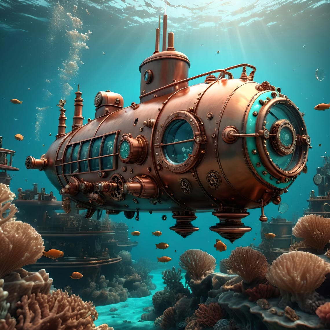 Underwater Steampunk Submarine Print Nautical Fantasy Wall Art Turquoise And Bronze Sci Fi Artwork Steampunk Gift Lover Idea