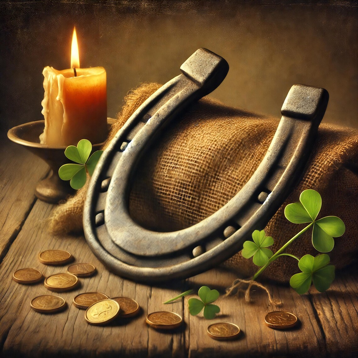 Lucky Horseshoe Gold Coins Shamrock Candle Rustic Still Life Poster