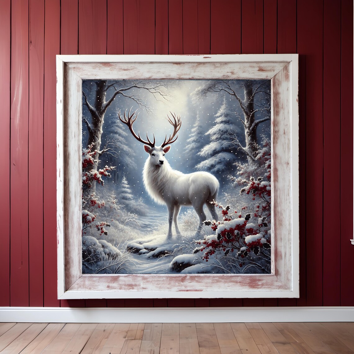 White Stag Snowy Forest Moonlit Winter Wildlife Majestic Poster - Image 3