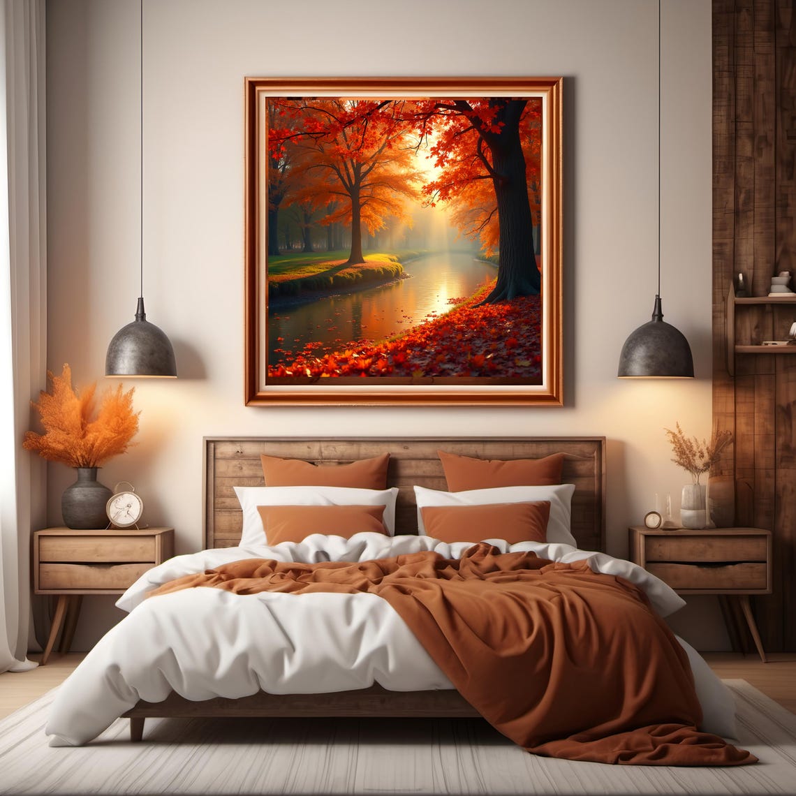 Autumn River Sunlit Maple Trees Golden Misty Forest Scene Poster - Image 2