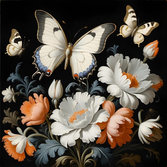 Butterfly and Floral Vintage Art Print, Black Rococo