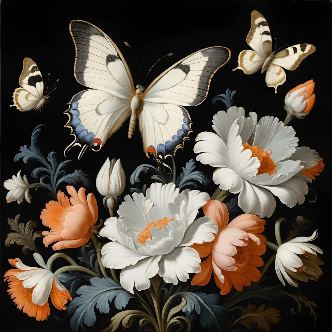 Butterfly and Floral Vintage Art Print, Black Rococo