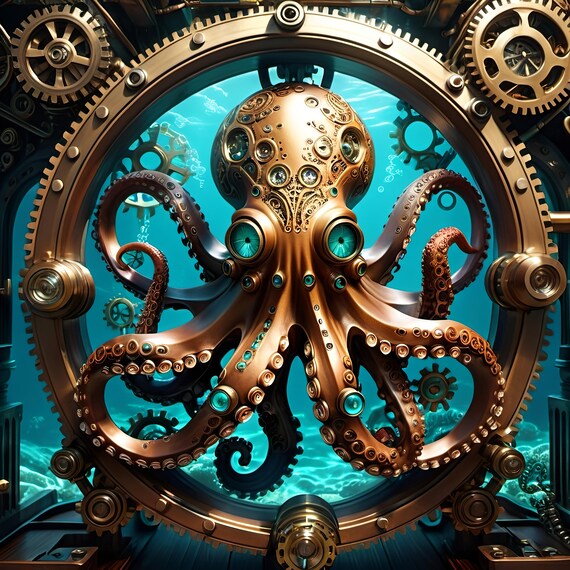 Mechanical Octopus Futuristic Ocean Art With Gears And Vintage Aesthetics Ultra Realistic 4k Steampunk Decor