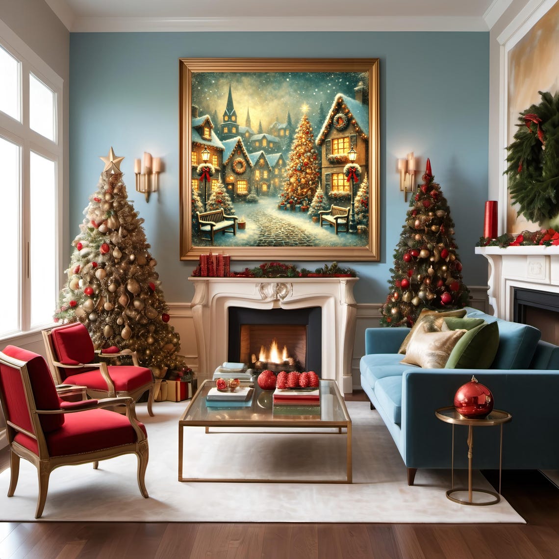 Snowy Christmas Village Night Church Spires Lit Tree Vintage Wall Art - Image 3