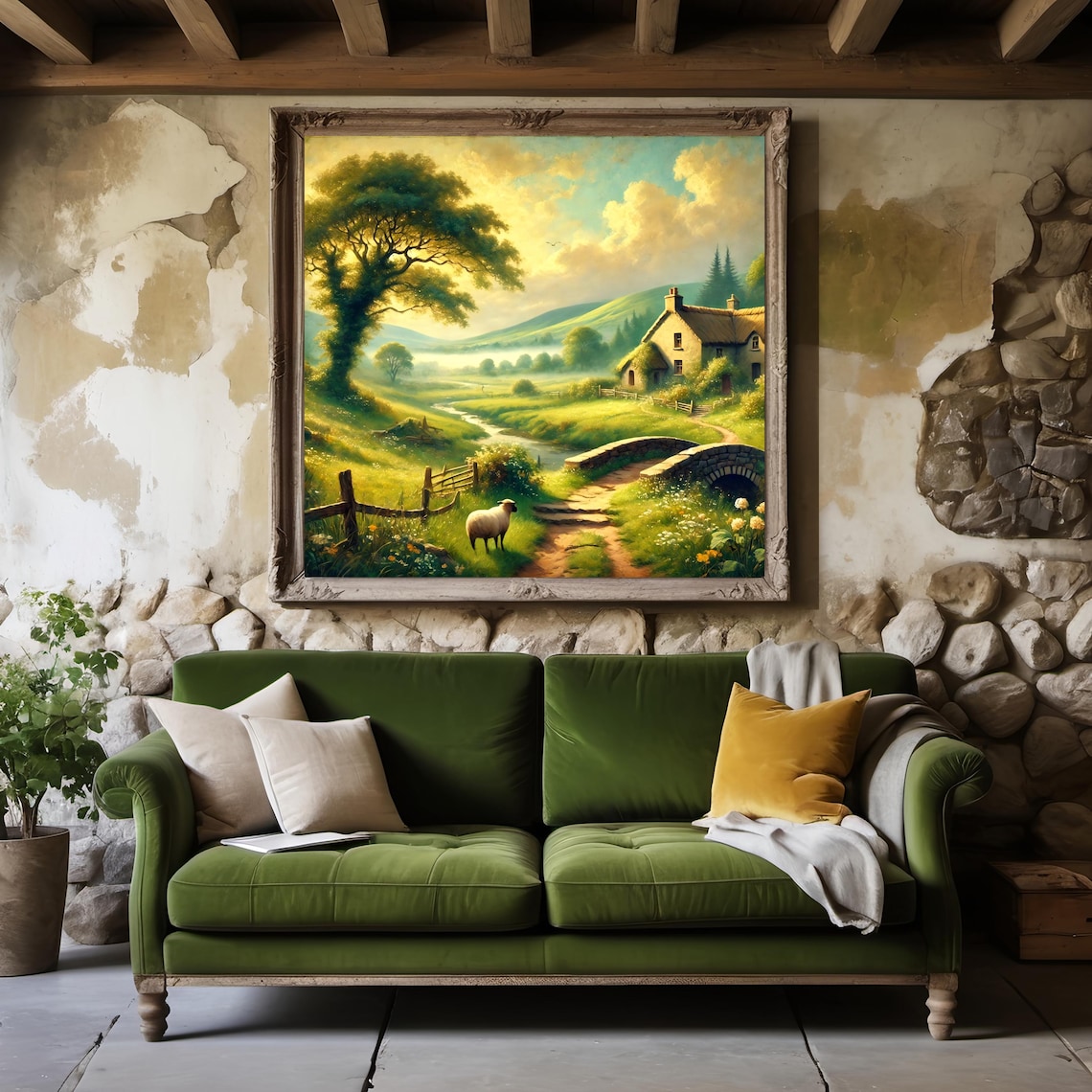 Irish Countryside Thatched Cottage Sheep Stream Golden Morning Poster - Image 3