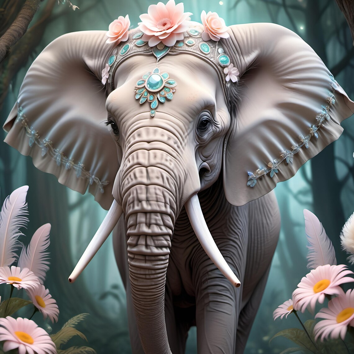 Mystical Elephant Floral Jeweled Crown Fantasy Forest Art Print