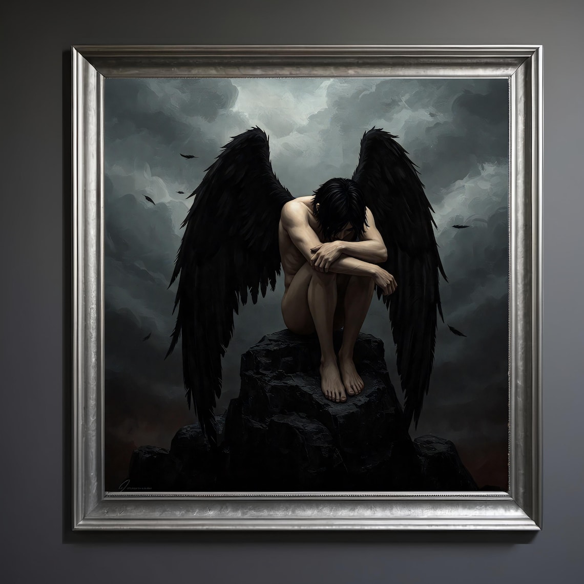 Dark Fallen Angel Black Wings Stormy Sky Melancholic Gothic Fantasy Poster - Image 3