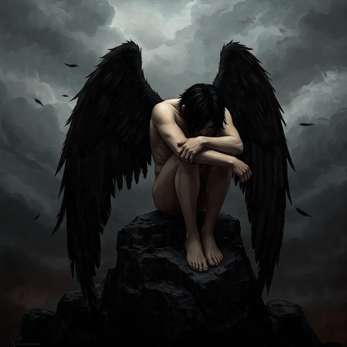 Dark Fallen Angel Black Wings Stormy Sky Melancholic Gothic Fantasy Poster