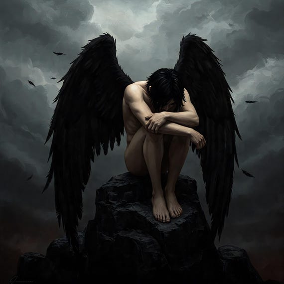 Dark Fallen Angel Art Gothic Fantasy Wall Art Melancholic Angel Print Moody Dark Aesthetic Home Decor
