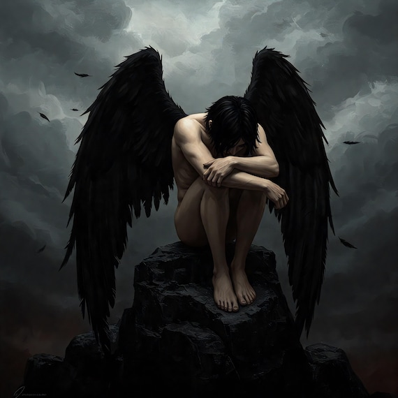 Dark Fallen Angel Black Wings Stormy Sky Melancholic Gothic Fantasy Poster