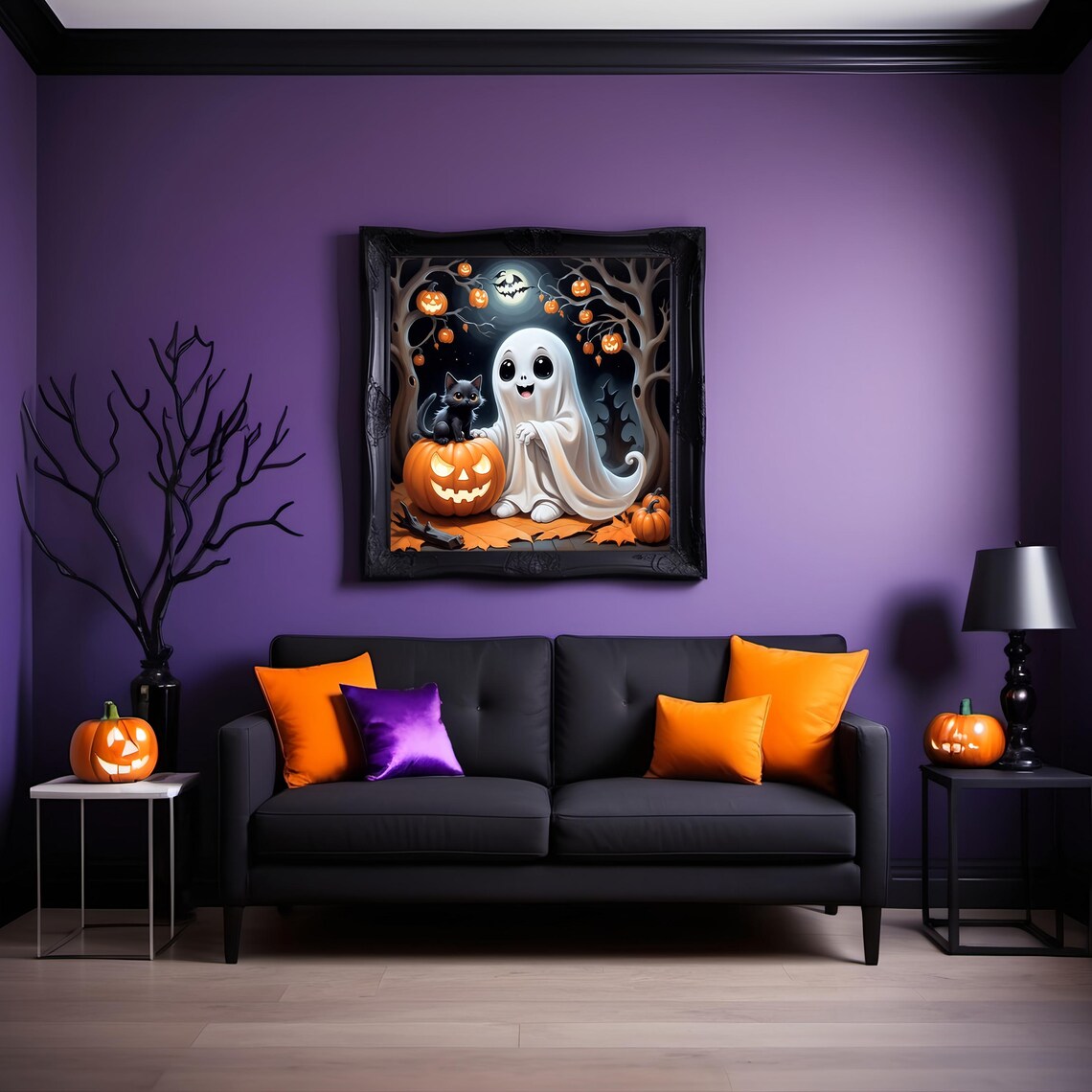 Cute Halloween Ghost With Black Kitten And Jack O Lanterns Night Poster - Image 2