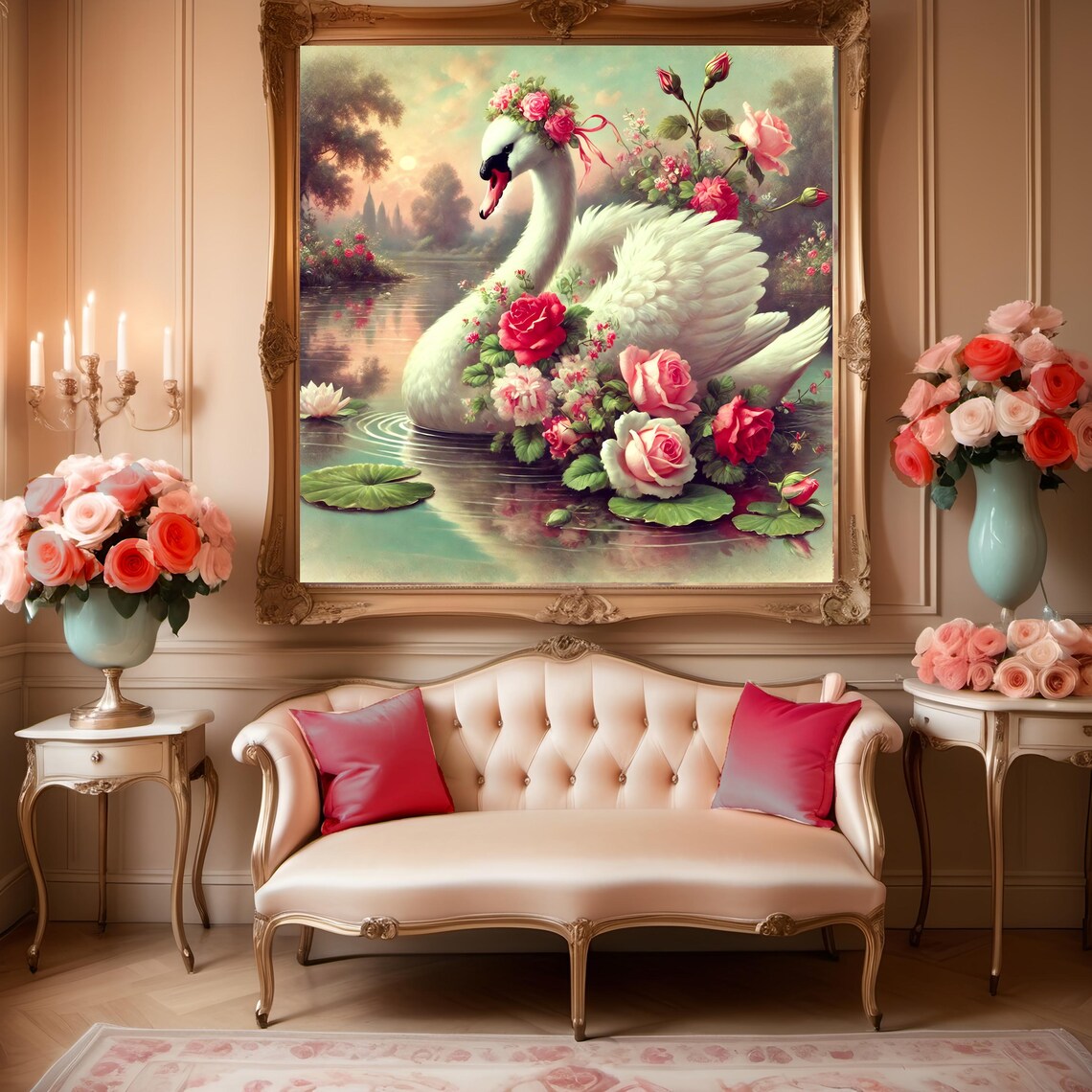 Vintage Swan With Roses, Victorian Romance Art Print - Image 3