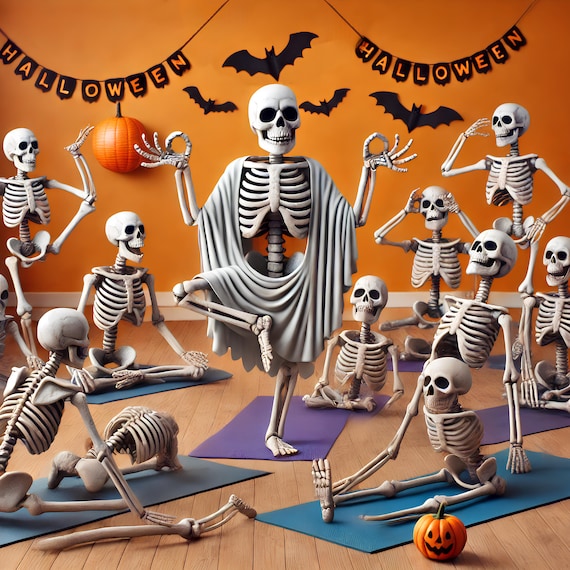 Funny Skeletons Doing Yoga Class With Halloween Banners And Bats Poster
