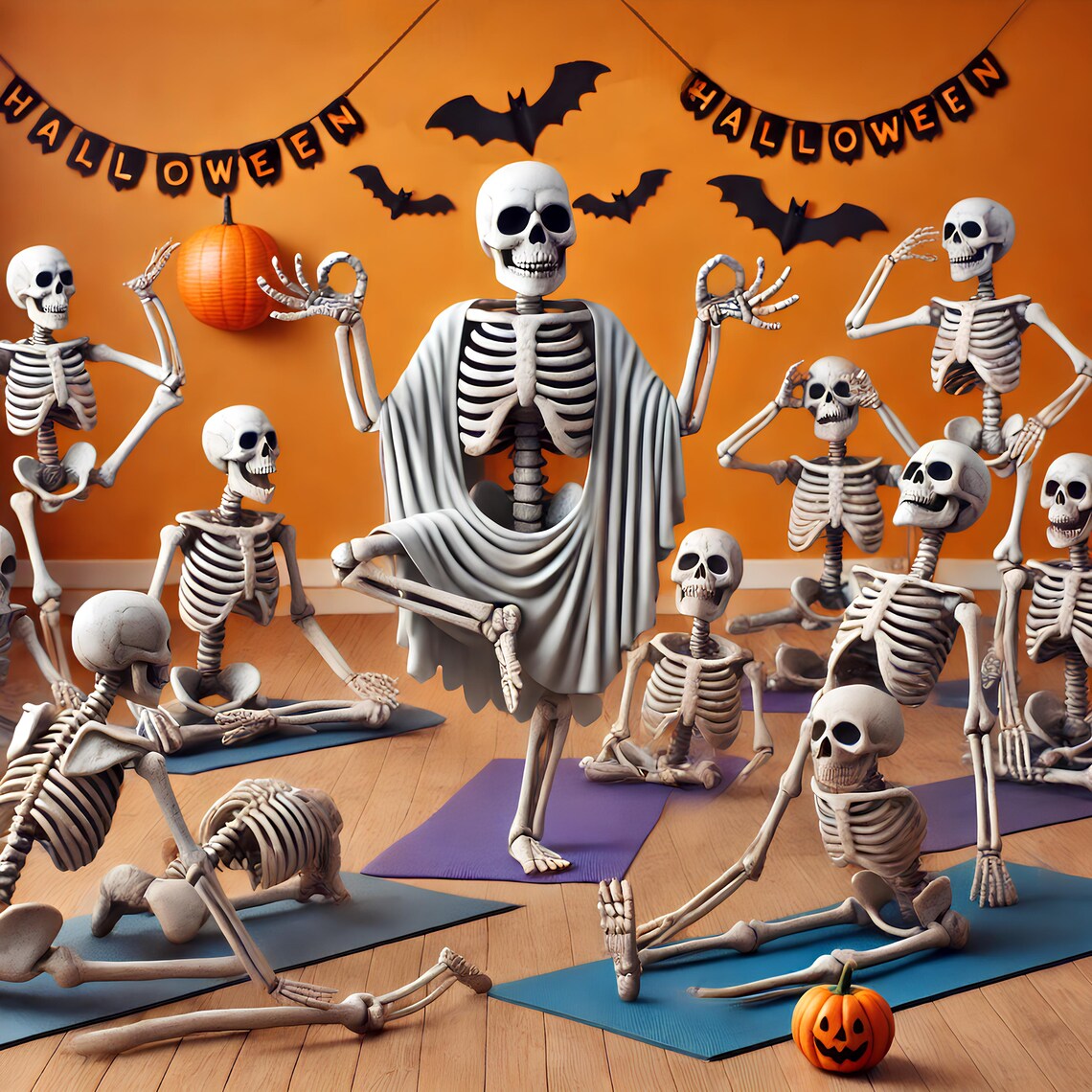 Funny Skeletons Doing Yoga Class With Halloween Banners And Bats Poster