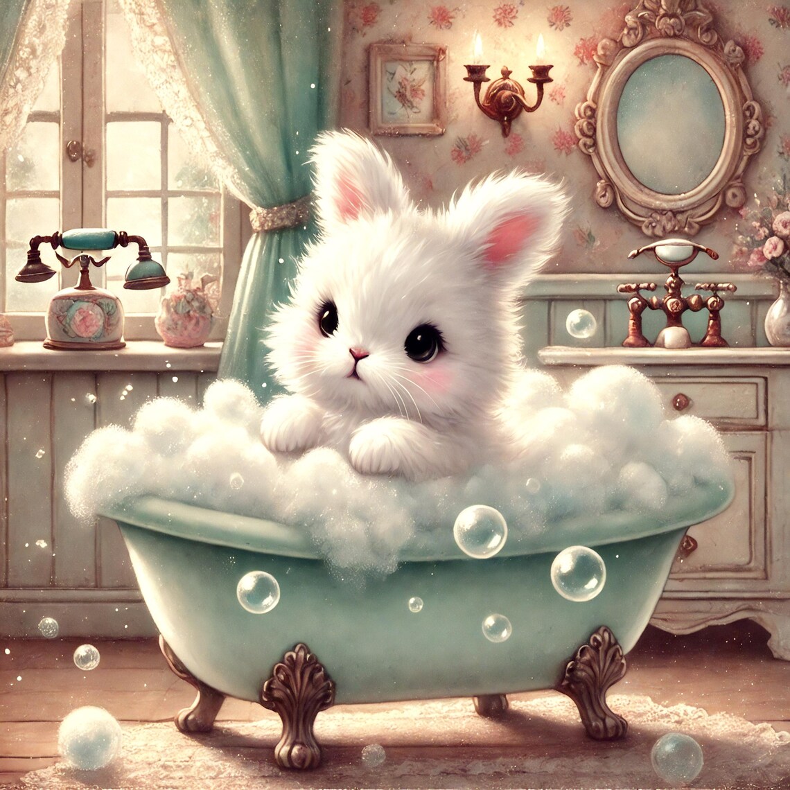 Fluffy Bunny Bubble Bath Vintage Mint Clawfoot Tub Cozy Nursery Poster
