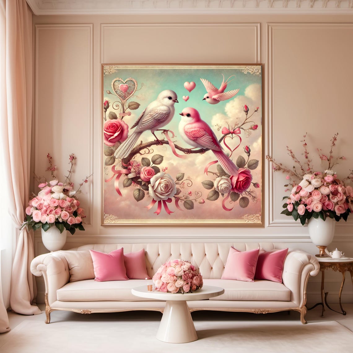 Romantic Lovebirds on Rose Branch with Hearts Vintage Wall Art - Image 3