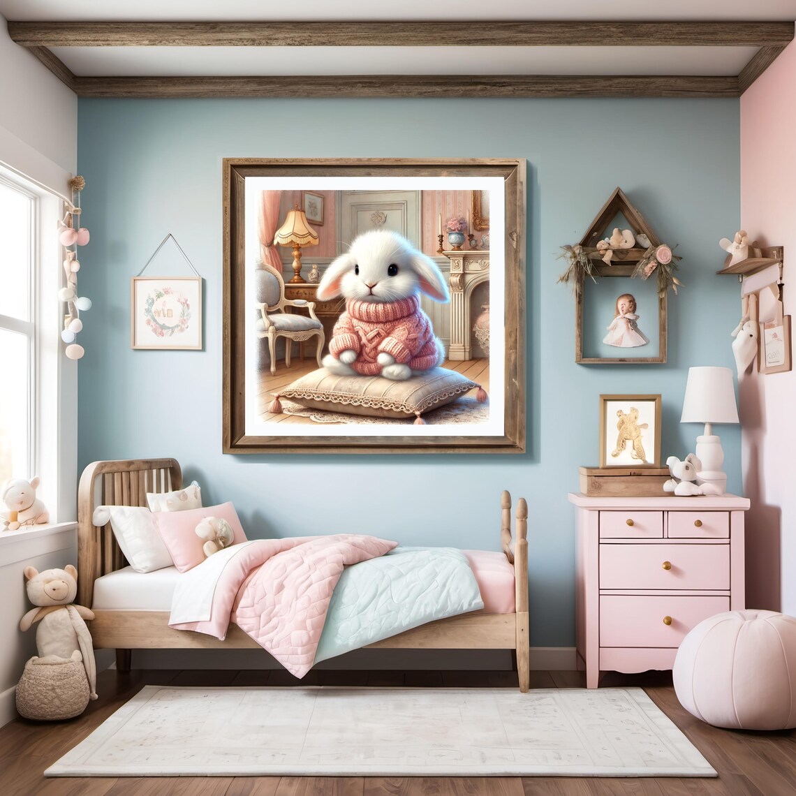 Whimsical Bunny In Cozy Pink Knit Sweater Vintage Nursery Room Poster - Image 3