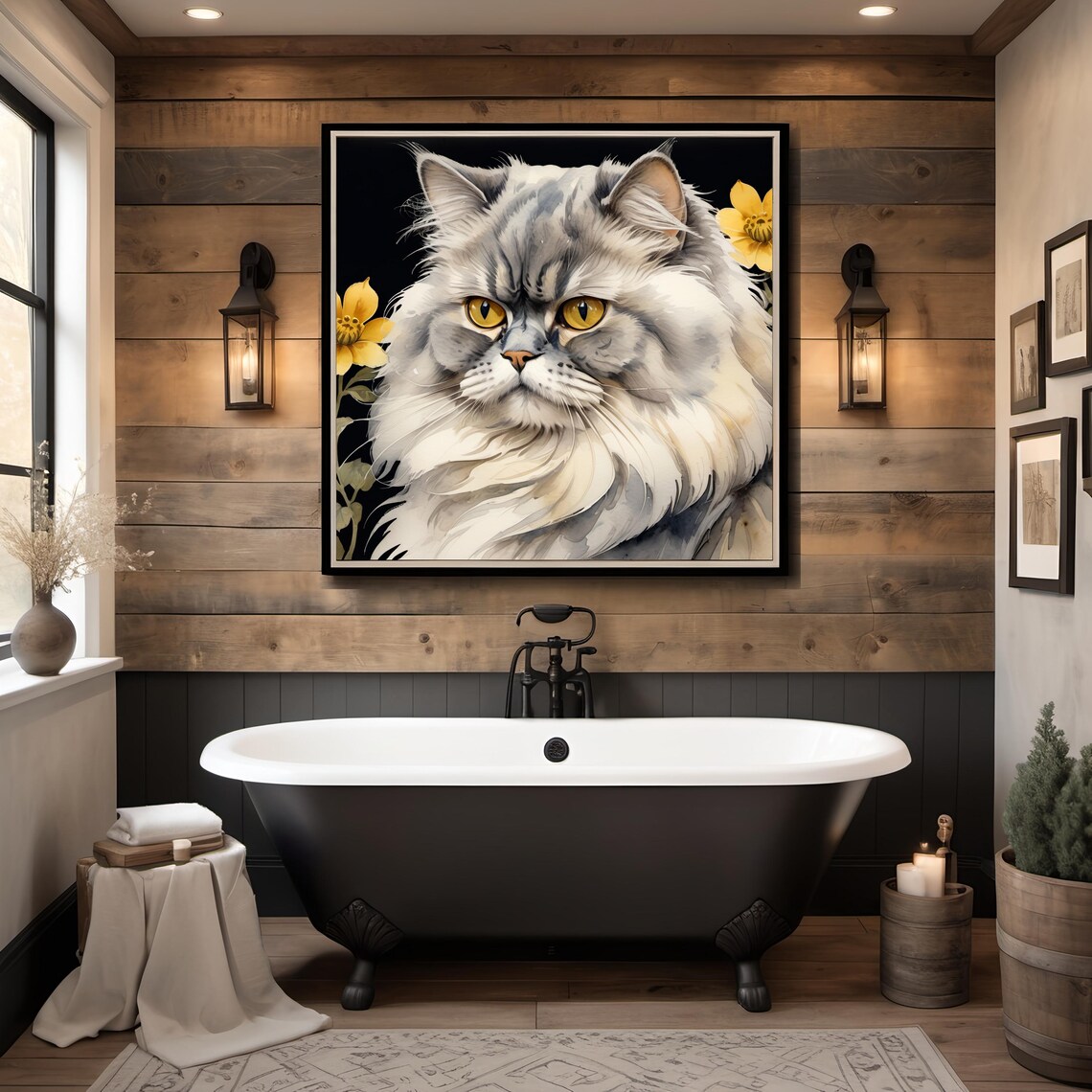 Regal Elegant Gray Longhair Cat Golden Eyes Yellow Floral Art Print - Image 2