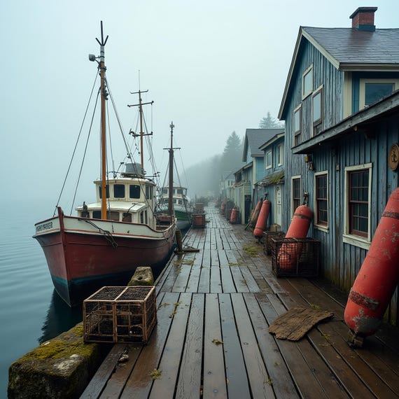 Rustic Foggy Wharf With Vintage Boats, Wall Art Print