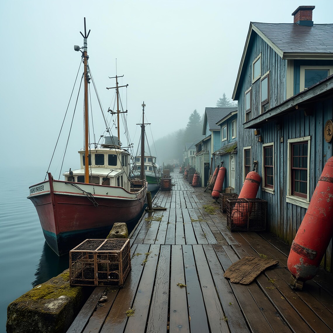 Rustic Foggy Wharf With Vintage Boats, Wall Art Print