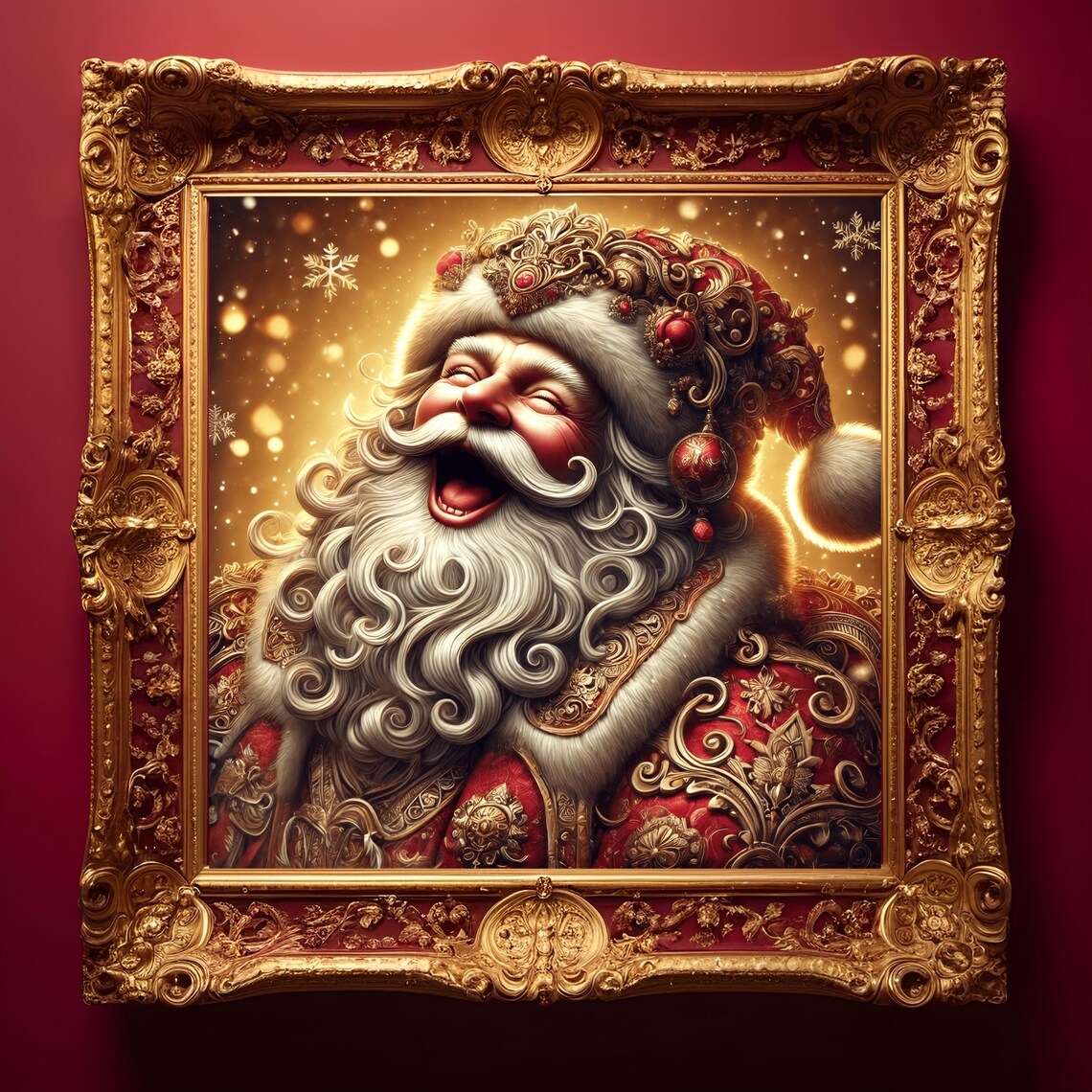 Laughing Santa Claus Portrait Ornate Gold Red Festive Holiday Poster - Image 3