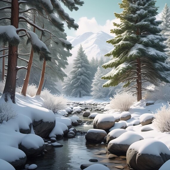 Snowy Forest Creek Art Print Winter Brook Winter Wonderland Creek Snow Covered Trees Winter Wall Decor